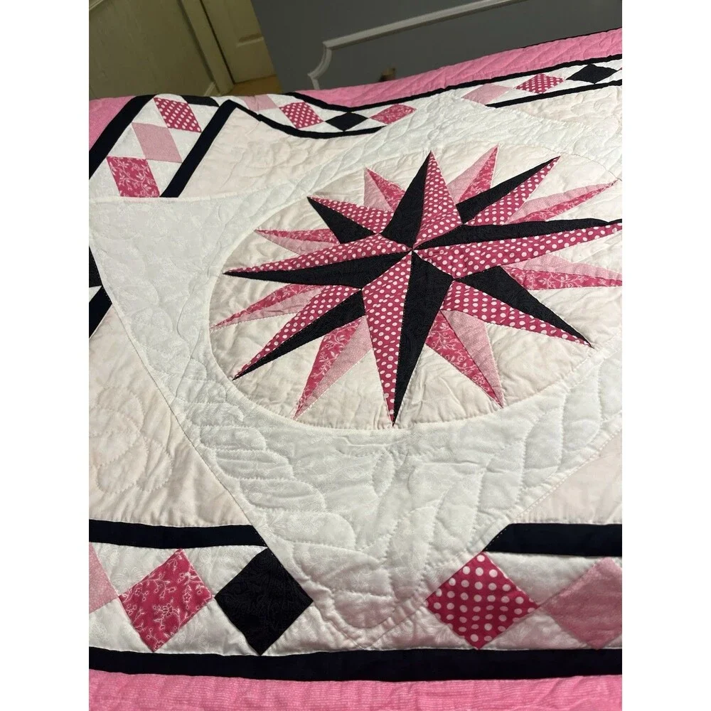 Hand Sewn Mariner’s Compass Black Pink White 45x45” Wall Hanging Lap Blanket